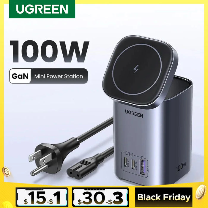 UGREEN GaN 100W Desktop Charger MFi Magnetic Wireless Charger for iPhone 16 15 14 Fast Charger Power Station for Laptop Notebook