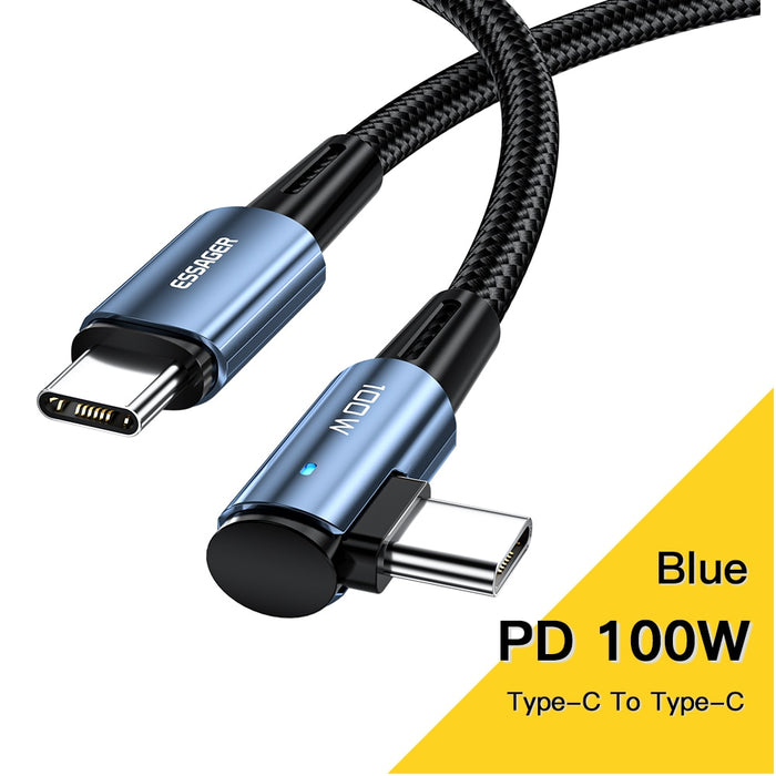 Essager USB C To Type C Cable PD100W 60W Fast Charger 90 Degree Angle Charging Cord Wire For Xiaomi Samsung Huawei Macbook iPad Blue 100W Cable