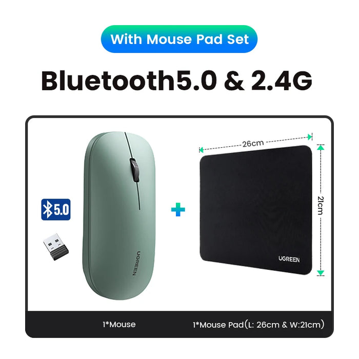 UGREEN Mouse Wireless Bluetooth 2.4G Silent Mice 4000 DPI Left Right Hand For MacBook Tablet Computer Laptop PC Wireless Mouse Green Add Mouse Pad CHINA