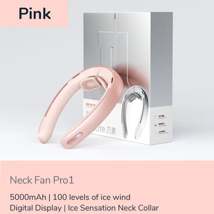 JISULIFE Portable Neck Fan，100 Speed Wind，5000mah Battery，17 Hour Work Time，Mini Electric Neck Fan Usb Rechargeable Neckband Fan Pink