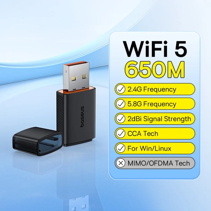 Baseus WiFi Adapter Wifeless WiFi 5/4 Recevier 5G 2.4G USB WiFi Card 300M 650Mbps Dongle Antenna Band USB Ethernet Network Card