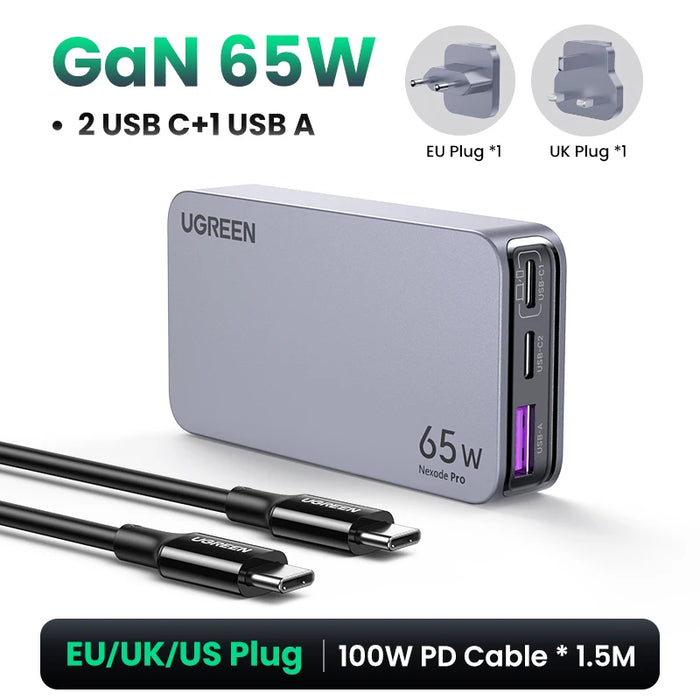 UGREEN 65W GaN Charger Quick Charge 4.0 3.0 USB C Charger សម្រាប់ iPhone 16 15 14 Pro PD 3.0 Fast Charger សម្រាប់ Macbook Laptop Tablet