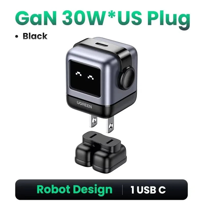 【US Plug】 UGREEN Uno 100W GaN Charger Robot Design QC4.0 3.0 PPS សម្រាប់ iPhone 16 15 14 Pro Macbook Laptops Tablet PD3.0 Fast Charge