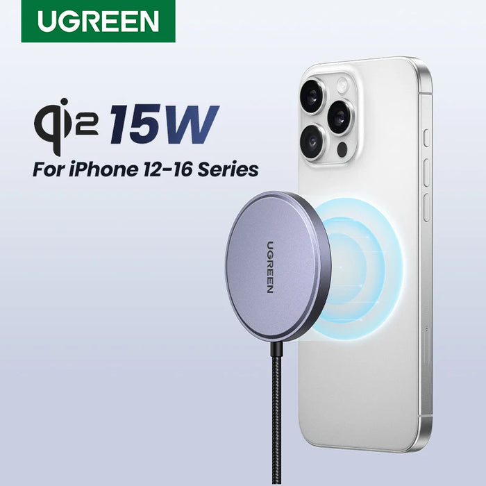 ឆ្នាំងសាកឥតខ្សែ UGREEN 15W សម្រាប់ iPhone 16 15 pro max Magnet Induction Charger Qi2 សម្រាប់ Macsafe Wireless Charging Pad