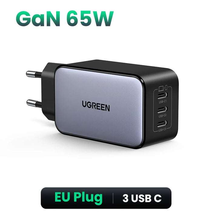 UGREEN 65W GaN Charger Quick Charge 4.0 3.0 PPS PD 3.0 Fast Charger 3 USB C For Macbook Air Laptops Tablets iPhone 16 15 14 Pro