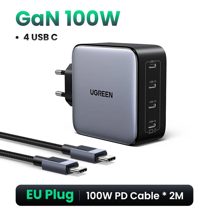 UGREEN 100W GaN Charger 5 Ports USB C Charger QC4.0 3.0 PPS សម្រាប់ Macbook Air Laptop Tablet ឧបករណ៍សាក PDFast សម្រាប់ iPhone 16 15 14 Pro