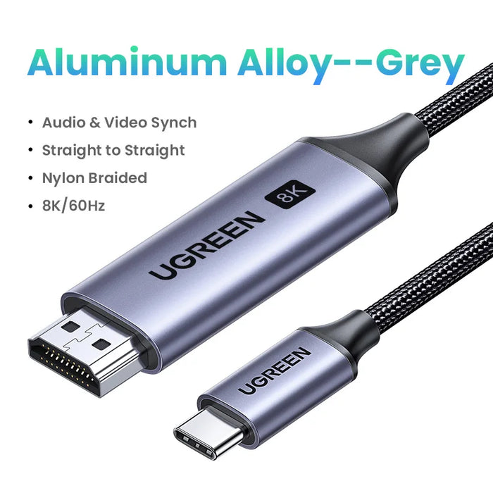 UGREEN USB C ទៅ 4K 8K HDMI-ខ្សែដែលត្រូវគ្នានឹង HDMI 8K/60Hz 4K/120Hz សម្រាប់ MacBook Pro iMac iPad Pro សម្រាប់ Samsung Galaxy USB C ទៅ HDMI 2.1