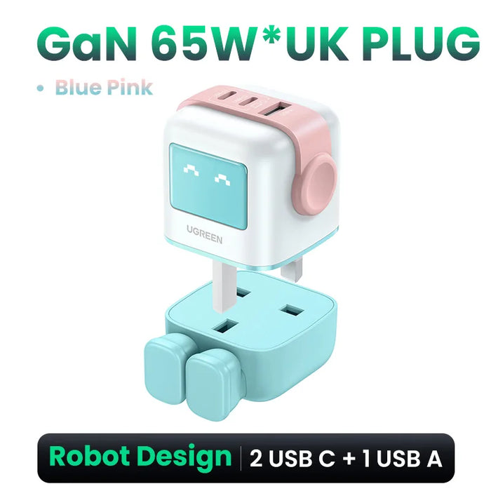 【UK Plug】 UGREEN 65W GaN Charger Robot Design QC 4.0 3.0 PPS សម្រាប់ iPhone 16 15 14 Pro Macbook Laptop Tablet PD 3.0 Fast Charger