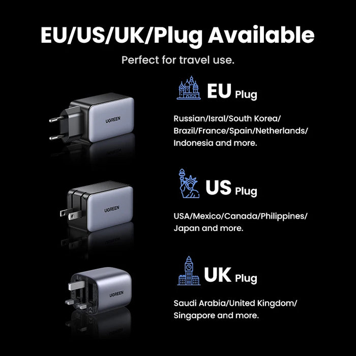 UGREEN 65W GaN Charger 4 Ports USB C Fast Charger Quick Charge 3.0 PD 3.0 សម្រាប់កុំព្យូទ័រ Macbook Air Laptops Tablet iPhone 16 15 14 Pro Max