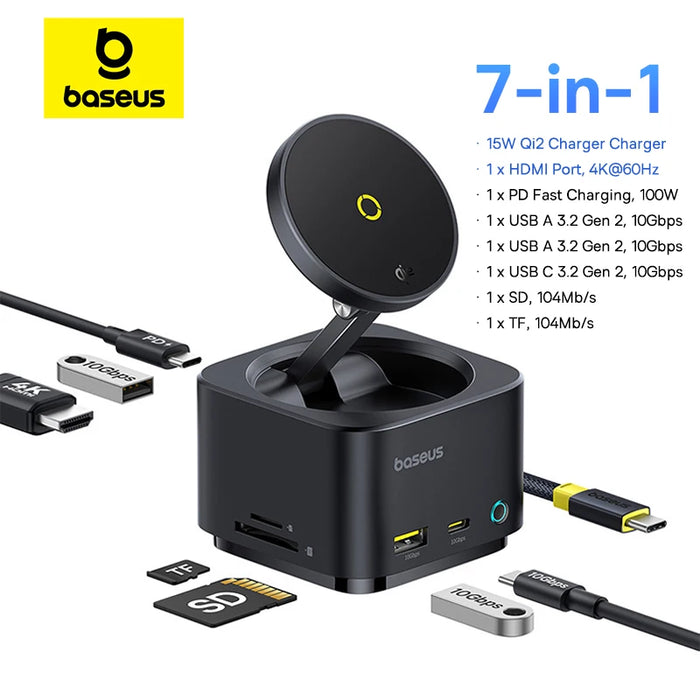 Baseus Phone Docking Station for Samsung S24 USB Hub HDMI 4K 60Hz USB A 3.1 SD TF Magnetic Wireless Charger Qi2 15W Steam Deck