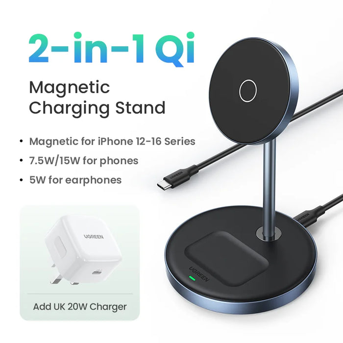 UGREEN Magnetic Wireless Charger Stand 20W Max 2-in-1 Charging Stand For iPhone 15 16 Pro Max/iPhone 14/AirPods Fast Charger