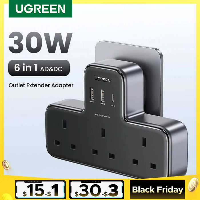 UGREEN UK Plug Power Strip Outlet Extension Adapter For iPhone 15 14 Pro Max Xiaomi Wall Fast Charger AD DC Travel Adapter