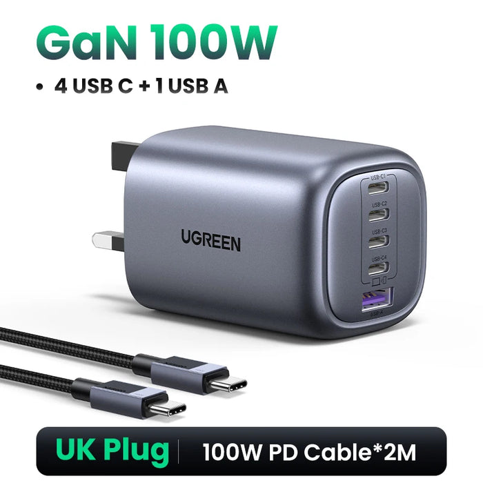 UGREEN 100W GaN Charger 5 Ports USB C Charger QC4.0 3.0 PPS សម្រាប់ Macbook Air Laptop Tablet ឧបករណ៍សាក PDFast សម្រាប់ iPhone 16 15 14 Pro