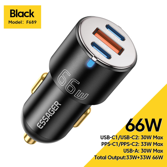 Essager PD 100W 66W Car Charger Fast Charging Quick Charger QC PD 3.0 For iPhone 14 Type C USB Car Charger For Samsung Huawei 66W BLACK