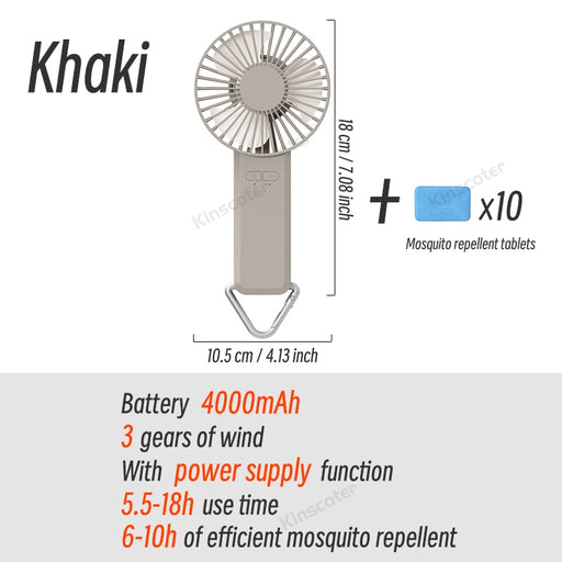 Mini Hand-held Multifunctional Mosquito Repellent Fan Portable Camping Outdoor Hiking Quiet Circulator 3 Wind Speeds Power Bank Khaki 10 tablets