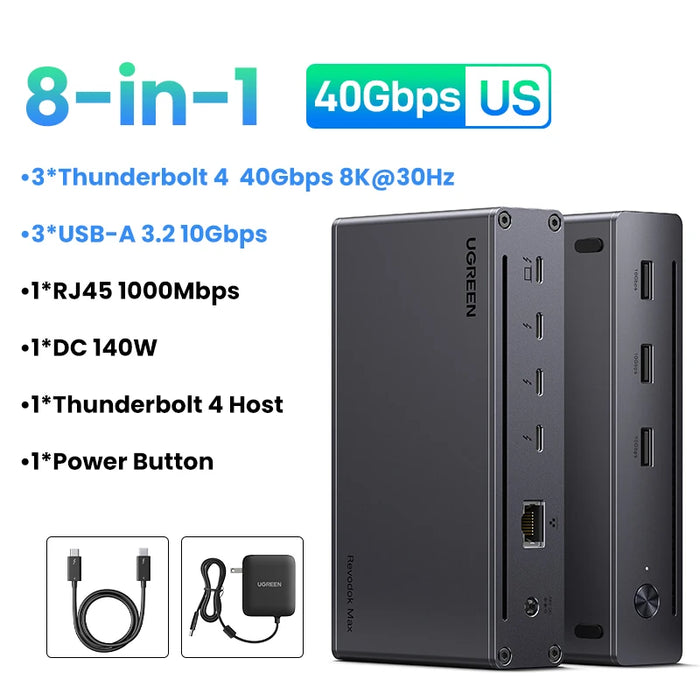 UGREEN Thunderbolt4 Docking Station 8-in-1 40Gbps HUB ជាមួយ 3xThunderbolt 4 Dual 4K60Hz Single 8K30Hz 1000Mbps សម្រាប់ MacBook Laptop