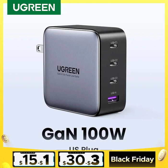 【US Plug】UGREEN 100W GaN Charger USB C Charger QC4.0 3.0 Quick Charge For Macbook Laptop Tablet PD Fast Charger For iPhone 15 14