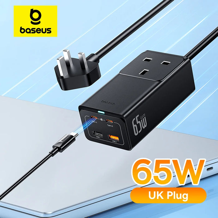 Baseus GaN 65W Fast Charger Power Strip UK Plug AC Outlet Desktop Charging Station 1200J Surge Protector For iPhone 16 15 Laptop