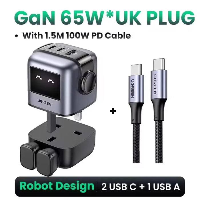 ថ្មី!UGREEN 65W GaN Charger Robot Design Quick Charge 4.0 3.0 PPS សម្រាប់ iPhone 16 15 14 Pro Macbook Laptop Tablet PD Fast Charger