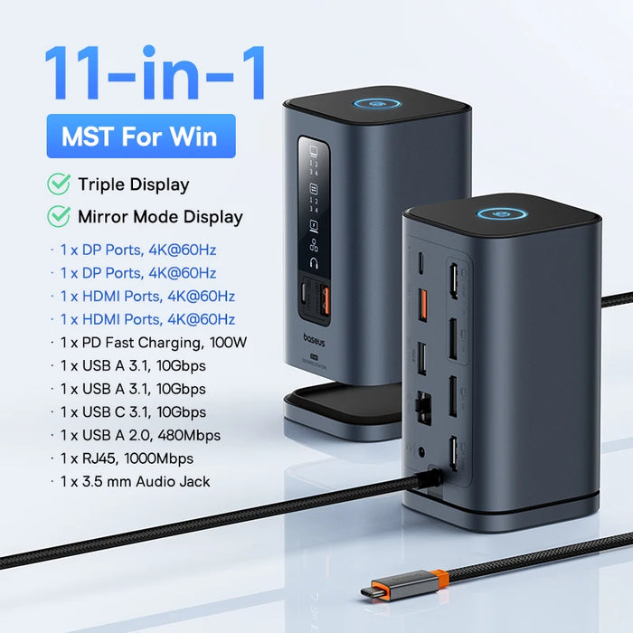 Baseus USB C Hub to DP 4K@60Hz HDMI DisplayPort 11-IN-1 Docking Station Triple Display RJ45 PD 100W For Window Mac USB 3.1 HUB