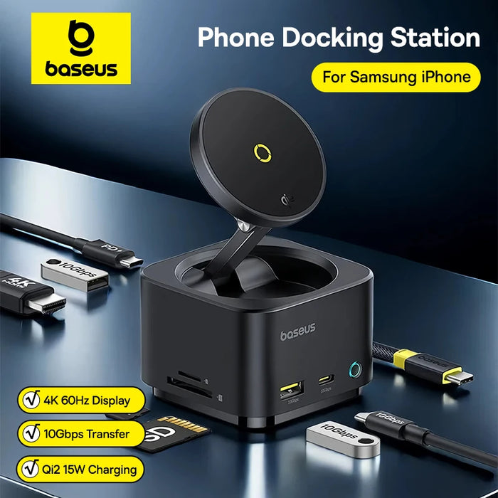 Baseus Phone Docking Station for Samsung S24 USB Hub HDMI 4K 60Hz USB A 3.1 SD TF Magnetic Wireless Charger Qi2 15W Steam Deck