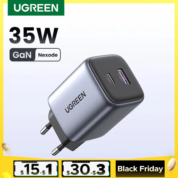 ឆ្នាំងសាក UGREEN GaN 35W USB Charger PD3.0 QC3.0 Quick Charger សម្រាប់ iPhone 16 15 14 Pro Samsung Xiaomi iPad Pro USB C Fast Charger