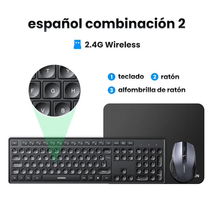 UGREEN Wireless Keyboard Mouse Set 2.4G 4000DPI Ergonomic Mice 104 Keys for Computer Laptop PC English US Arabic Keycaps Layout