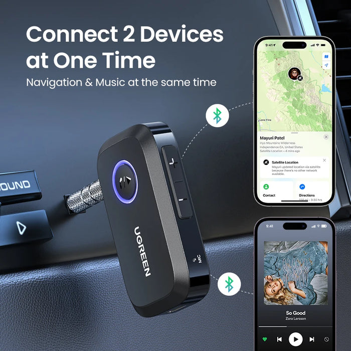 អាដាប់ទ័រ UGREEN Bluetooth Car Receiver Adapter 3.5mm AUX Jacks for Car Speakers Audio Music Receiver Hands Free Bluetooth 5.3 Adapter