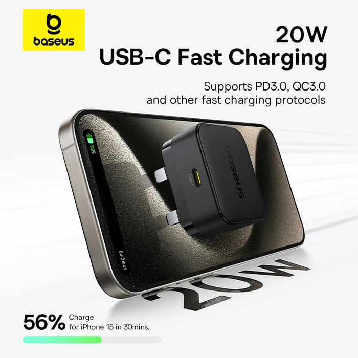 【UK Plug】Baseus 20W PD Charger Fast Charger for iPhone Samsung Xiaomi Travel Mini Charger USB C Charger for iPad Airpods