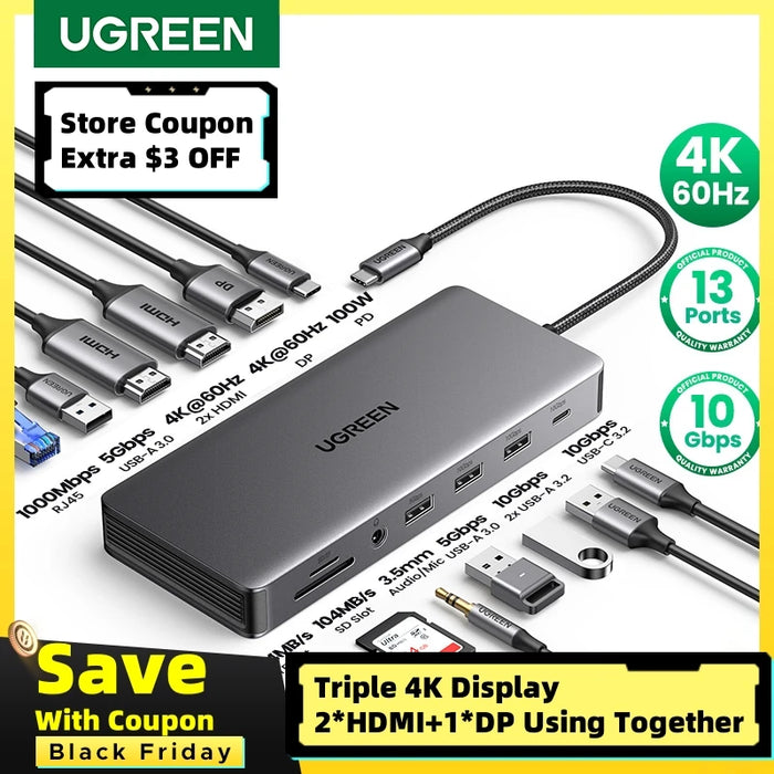 UGREEN USB C HUB Docking Station 13-in-1 4K Triple Display Dual HDMI DP 10Gbps USB3.2 PD 100W SD/TF for MacBook Pro Air Dell XPS