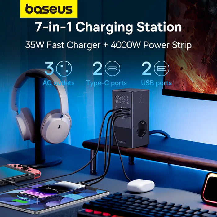 Baseus 35W Fast Charger Digital Power Strip 7-in-1 Charging Station 4000W Rated Power Digital Display For iPhone16 15 14 Pro Max