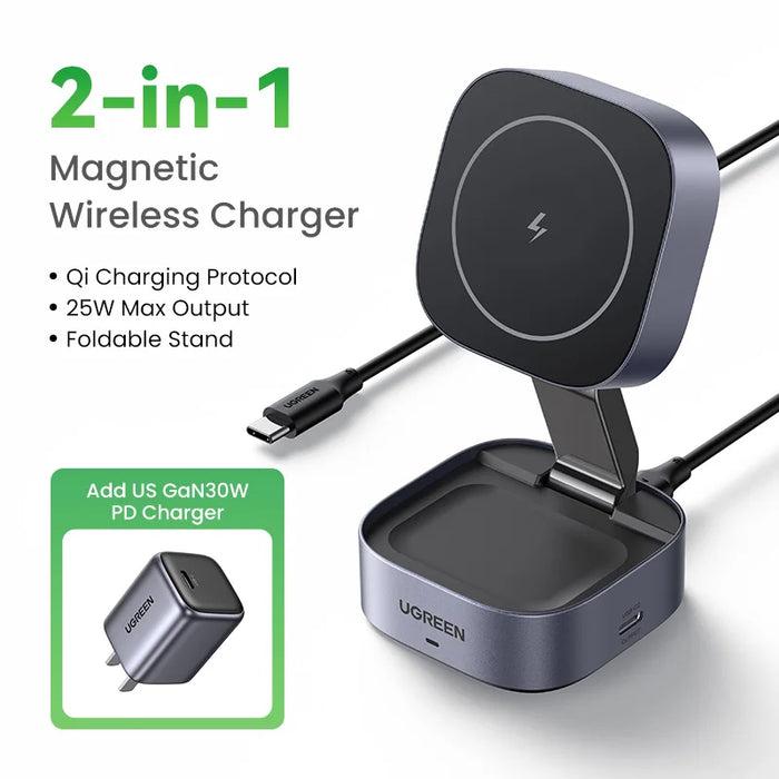 UGREEN Qi2 25W Magnetic Wireless Charger Stand 2-in-1 Charging Stand For iPhone 15 16 Pro Max/AirPods For MagSafe Fast Charger