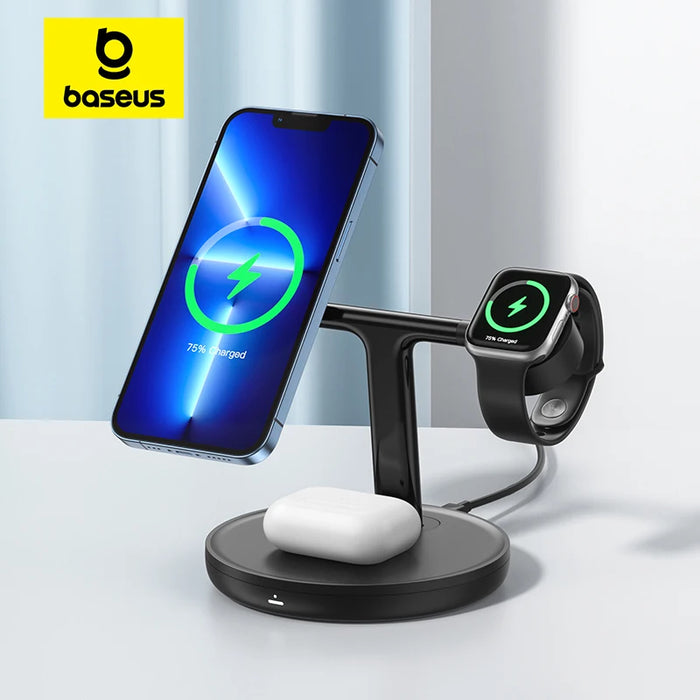 Baseus 3 in 1 20W Magnetic Wireless Charger Stand For iPhone 16 15 14 Pro Airpods Apple Watch Phone Fast Charging Station Holder