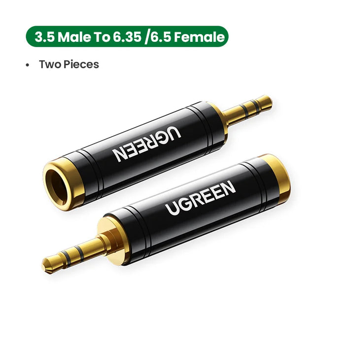 UGREEN 3.5mm ទៅ 6.5mm 6.35mm 1/4 អាដាប់ទ័រមាសស្រោបមាសសុទ្ធ ស្ពាន់ប្រុសទៅ AUX ស្រីទៅ Jack Mono អាដាប់ទ័រអូឌីយ៉ូ 2 កញ្ចប់