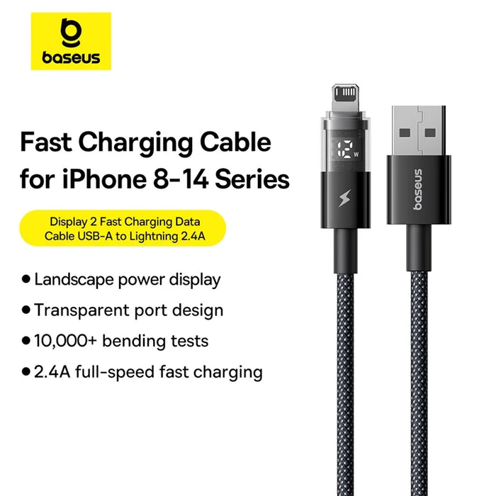 Baseus 2.4A USB Cable For iPhone 14 13 12 LED Display USB Cable for iPad Pro Fast Charging Data Wire For iPhone 7 6S