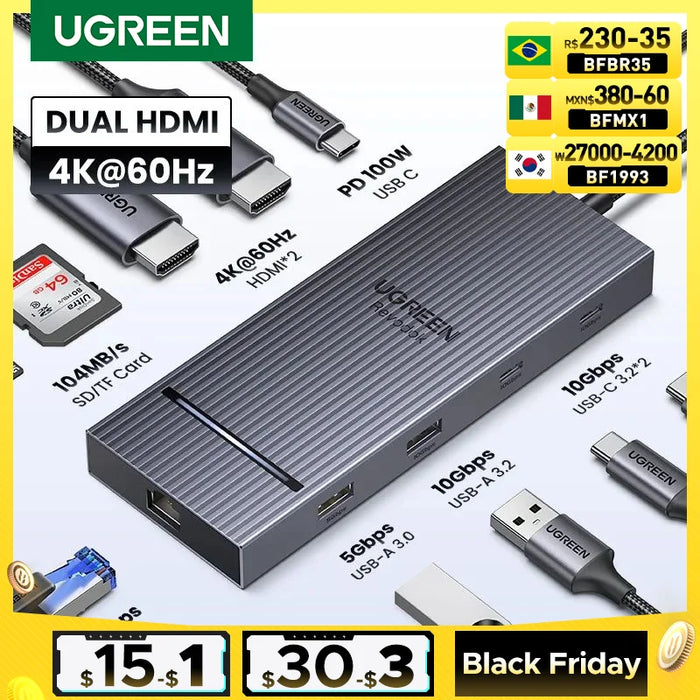 UGREEN USB C HUB 10Gbps 4K60Hz HDMI USB3.2 PD100W USB Splitter សម្រាប់ Laptop Macbook Pro Air iPad Phone Android Docking Station