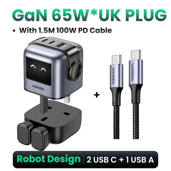 【UK Plug】 UGREEN 65W GaN Charger Robot Design QC 4.0 3.0 PPS សម្រាប់ iPhone 16 15 14 Pro Macbook Laptop Tablet PD 3.0 Fast Charger