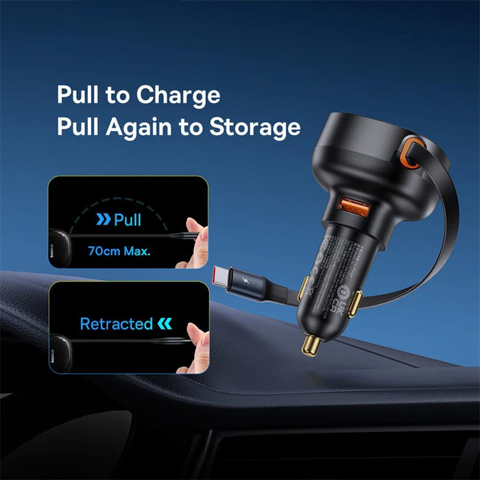 Baseus 60W Car Charger 2 in 1 Retractable Cable SCP 25W QC PD 30W Fast Car Phone Charger For iPad iPhone 16 15 14 13 Pro Samsung