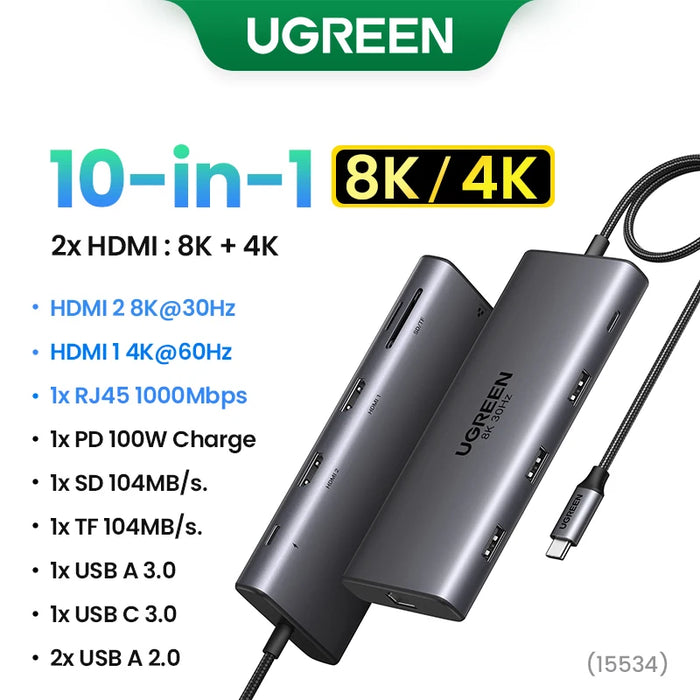 UGREEN Revodok Dual HDMI USB C Splitter 10-in-1 Type-C to 2xHDMI PD100W 1000Mbps RJ45 5Gbps USB-C 3.0 SD&TF Slots USB-A 2.0