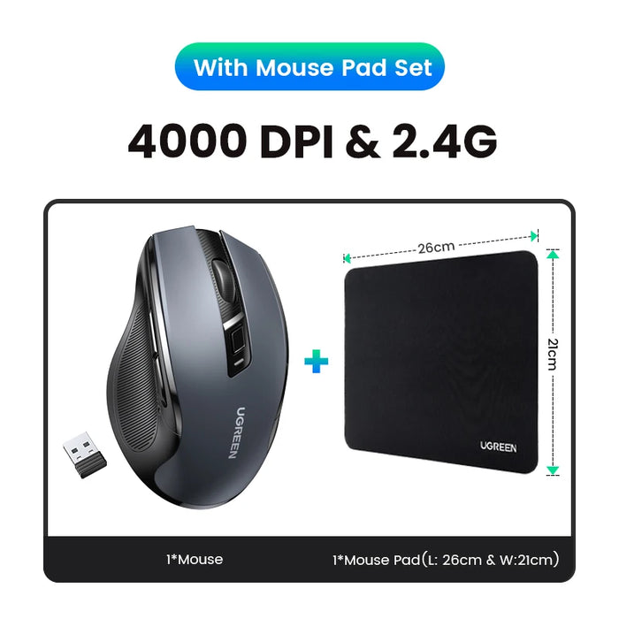 【NEW】UGREEN Mouse Wireless Ergonomic Mouse 4000 DPI Silent 6 Buttons For MacBook Tablet Laptop Mute Mice Quiet 2.4G Mouse Black With Mouse Pad CHINA