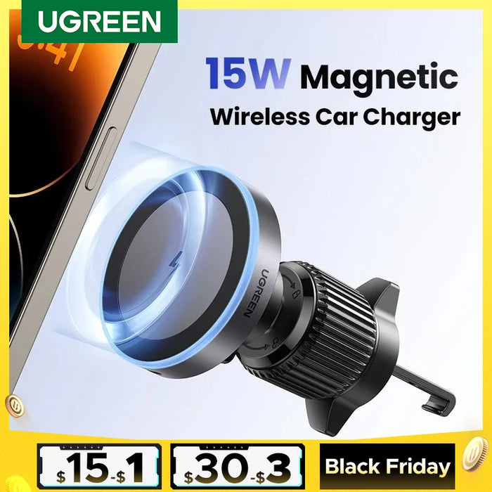 UGREEN Magnetic Car Phone Holder Wireless Charger Stand For iPhone 16 15 14 Pro Max Charging for Magsafe Car Charger LED Light