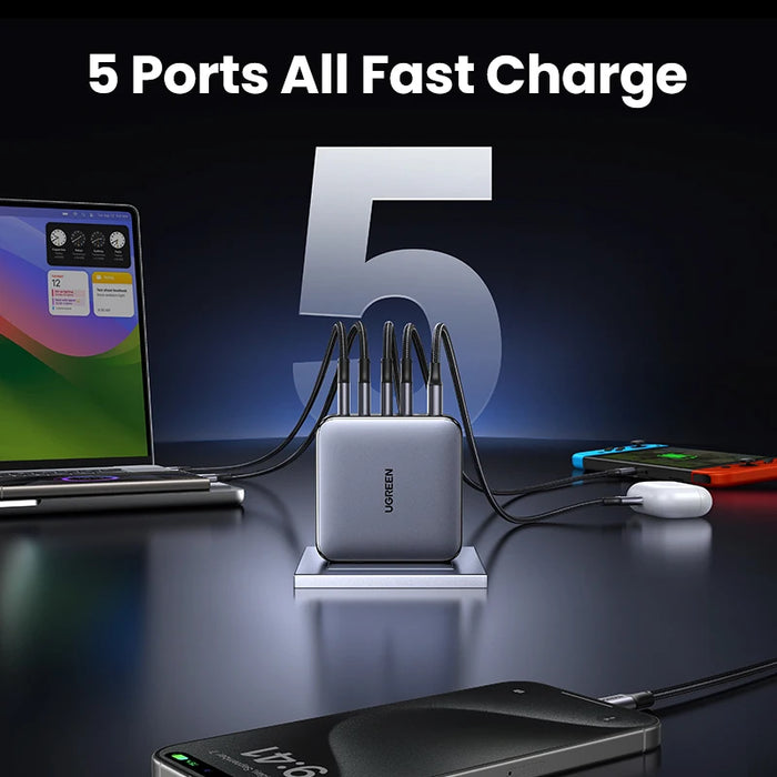 UGREEN 100W GaN Charger 5 Ports USB C Charger QC4.0 3.0 PPS សម្រាប់ Macbook Air Laptop Tablet ឧបករណ៍សាក PDFast សម្រាប់ iPhone 16 15 14 Pro