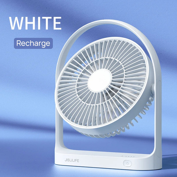 JISULIFE Table Fan Mini USB Strong Wind Rechargeable Desk Fans Wireless 4000mAH with 4 gear Wind Speed 330° Degree Rotata wireless White