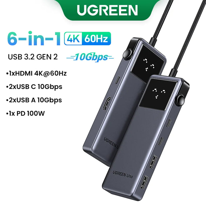 UGREEN Uno USB C HUB 6-in-1 4K60Hz PD100W 10Gbps USB3.2 Splitter Adapter for Laptop Macbook Pro Air USB Expander Docking Station