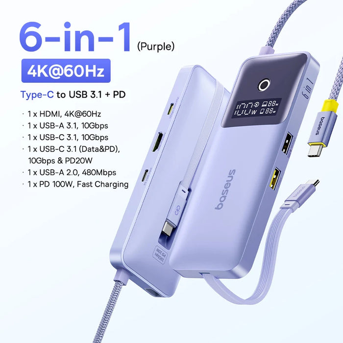 Baseus USB Hub for HDMI 4K@60Hz USB 3.1 10Gbps Hub 100W+20W Dual Fast Charging Cable Docking Station for MacBook Air PC USB Hub