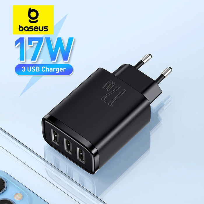 Baseus 17W USB Charger Universal Portable 3 Ports Travel Wall Adapter Portable Charger Safe Charging For iPhone Xiaomi Samsung