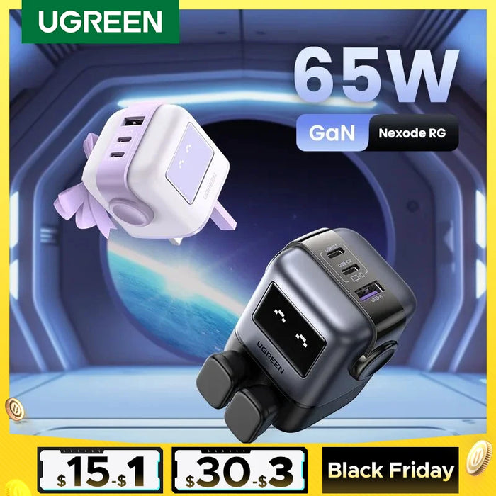 【UK Plug】 UGREEN 65W GaN Charger Robot Design QC 4.0 3.0 PPS សម្រាប់ iPhone 16 15 14 Pro Macbook Laptop Tablet PD 3.0 Fast Charger