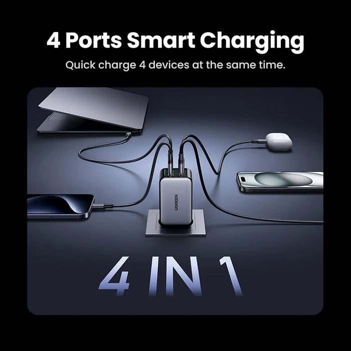 UGREEN 65W GaN Charger 4 Ports USB C Fast Charger Quick Charge 3.0 PD 3.0 សម្រាប់កុំព្យូទ័រ Macbook Air Laptops Tablet iPhone 16 15 14 Pro Max