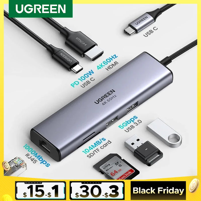 UGREEN Revodok 7 in 1 USB C Splitter Gigabit Ethernet Adapter 4K@60Hz HDMI 100W PD Charging USB A Data Ports SD/TF Card Reader