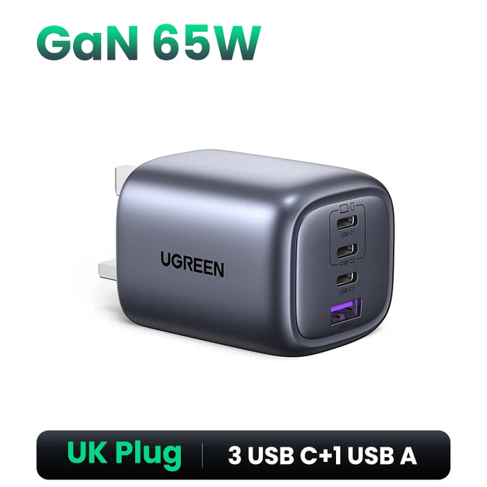 UGREEN 65W GaN Charger 4 Ports USB C Fast Charger Quick Charge 3.0 PD 3.0 សម្រាប់កុំព្យូទ័រ Macbook Air Laptops Tablet iPhone 16 15 14 Pro Max